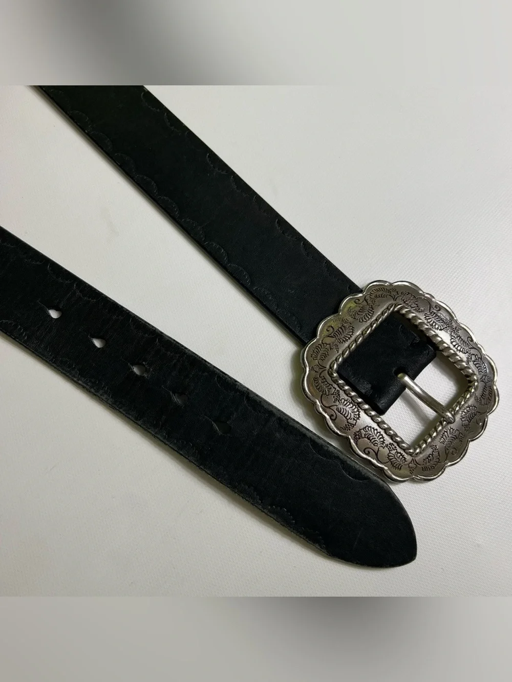 Silpada Italian Leather Black Belt Engraved Silver Western Buckle XL
